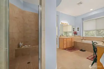 The oversized shower, with tile surround, is simple to walk-in and has plenty of room!