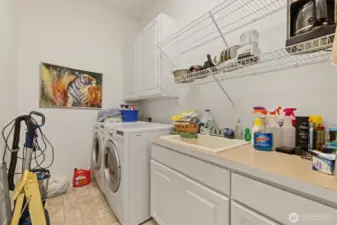 The laundry room has great space; a large countertop and a utility sink highlight this space.