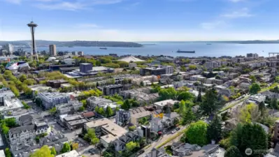 Sweeping aerial — a portrait of Queen Anne’s south slope, revealing why this hillside is among Seattle’s most coveted addresses. Seconds to Climate Pledge & Elliott Bay!