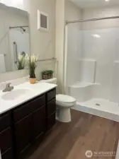 Step-in spacious shower, tall toilet, lots of storage.