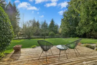 The sunny west-facing deck overlooking the backyard and mature fruit trees.