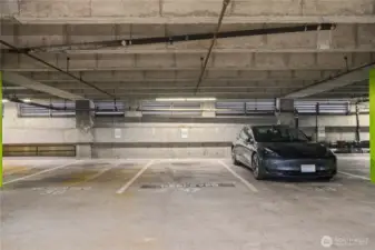 Covered common garage with assigned parking space.