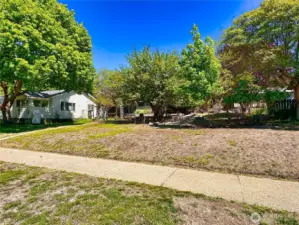 Lot is complete with sidewalks, curbs, some grassy area and shade trees