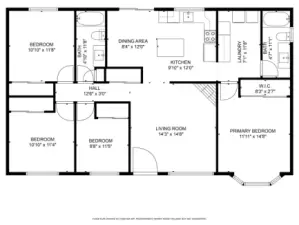 House floor plan shows Primary Bedroom opposite of the 3 other bedrooms