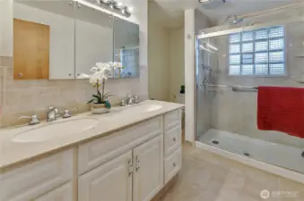 Completely updated bathroom on the main floor - did you catch the multiple shower heads?