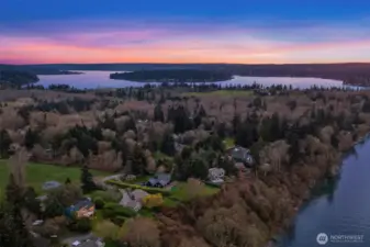 Aerial neighborhood view capturing proximity to water and the natural beauty of Vashon Island.