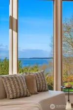 Window seat with expansive water views, perfect for enjoying the peaceful Vashon Island setting.
