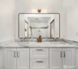 Stylish bathroom vanity with dual sinks, sleek cabinetry, and contemporary design.