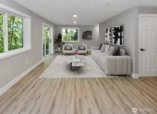 Virtually staged. Basement living area.