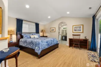 Main Floor Primary Bed features garden and Puget Sound Views! Door on the right to access North Patio.