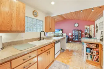 Kitchen area with oak cabinets