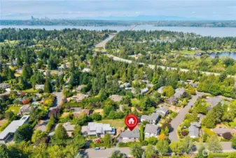 Aerial view of location to Lake Washington and Seattle. Easy access to "520" and University of Washington and the City of Kirkland