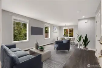 Virtually staged family room and dining