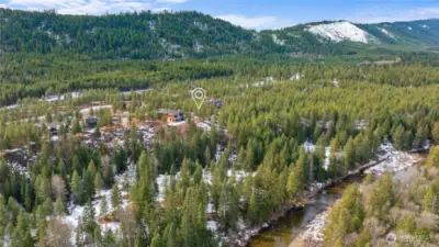 Aerial view of lot and surrounding area.