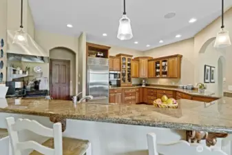 The gourmet kitchen featuring Dacor gas range, Sub-Zero refrigerator, quartz countertop and commercial grade kitchen hood. There are plenty of cabinets, counter space and this generous eating area.