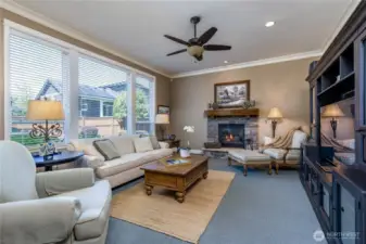 Cozy family room at the back of the house includes a second gas fireplace