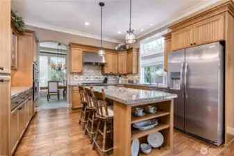 Chef's kitchen with granite counters, tiled backsplash, newer fridge