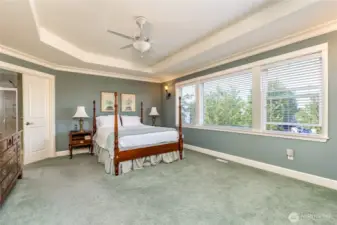 Expansive primary suite with tray ceiling and a private sitting area