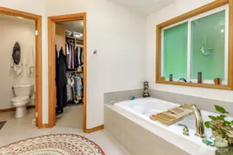 Large soaking tub with seperate shower and walk in closet with organizer