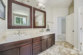 Main floor primary bathroom--spa like bathroom with walk in closet