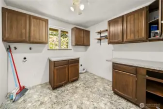 Upper-level laundry room, natural light, counter tops and cabinetry. Approximately 9' X 9".!