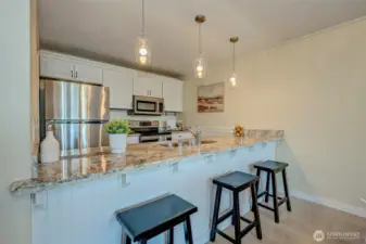 Well-appointed kitchen features stainless steel appliances, large pantry, sleek cabinetry, quartz countertops, and seating bar.