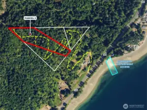 Overhead view with approximate boundaries of subject property in red and yellow dotted lines represents approximate access route.