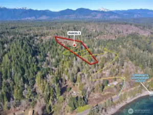 Overhead view with approximate boundaries of subject property in red and yellow dotted lines represents approximate access route.