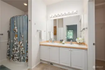 Primary bath has dual sinks, walk-in closet and a nice soaking tub/shower