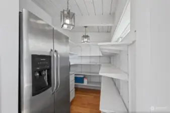 Walk-in pantry with natural light.  There's an extra refrigerator/freezer and microwave plus cabinet.  Barn door keeps contents hidden from view.
