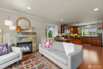 Cheery gas fireplace anchors the living space.