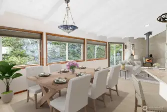 Virtual renovation shows how the great room would look if the ceilings were whitewashed.