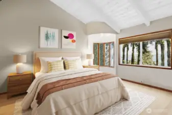Virtual renovation shows how the primary bedroom would look if the ceilings were whitewashed.