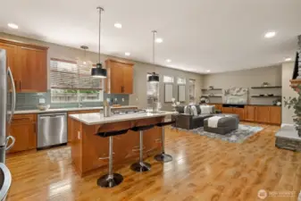 The kitchen flows seamlessly into the family room.