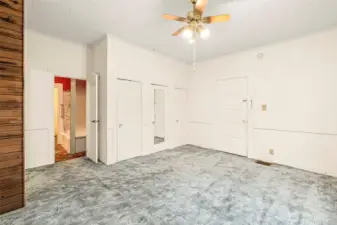 Primary bedroom has plenty of storage. See renovation boards at house for ideas for a fresh look.