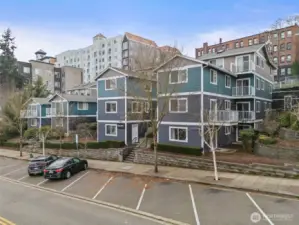 Front of condo view. Off street parking available. Permits available through City of Tacoma for a low annual fee.