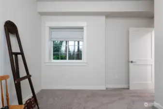 Downstairs bedroom, one of 4 total bedrooms in this home.  It is light and bright and features neutral carpeting.