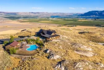 Aerial view of the community lodge and pool