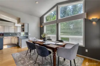 The dining area flows nicely from the living part of the great room to the kitchen.