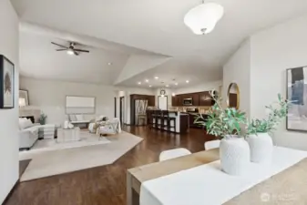 Great room, dining and kitchen.