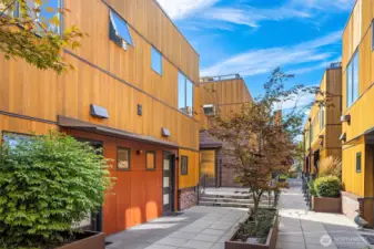 A beautiful courtyard allows you to interact with your neighbors or keep to yourself.  This is an elevated space up off the street and private to the building.  It feels like a neighborhood block.