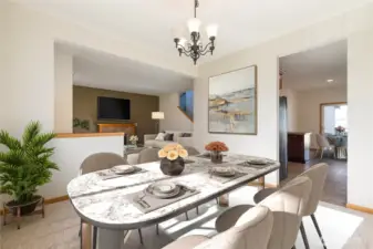 Virtually staged formal dining looking towards kitchen to right and living area straight ahead