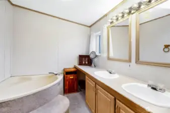 Here you have your own exquisite soaking tub in the primary bathroom with easy, carpeted access into it! Treat yourself to a spa bath!