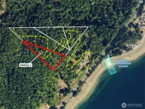 Overhead view with approximate boundaries of subject property in red and yellow dotted lines represents approximate access route.