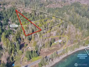 Overhead view with approximate boundaries of subject property in red and yellow dotted lines represents approximate access route.