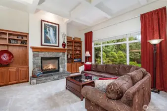 Built-in book cases, gas fireplace, coffered ceiling and large windows to the serene backyard.