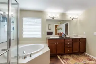 5 pc bathroom with new flooring.  Walk in closet is accessed from bathroom