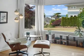 Corner window love provides peek-a-boo views of the Puget Sound off the Magnolia Bluff.