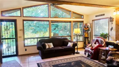 Picture windows and wood accents