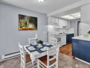 Freshly painted blue and white kitchen cabinets for a crisp, modern look.